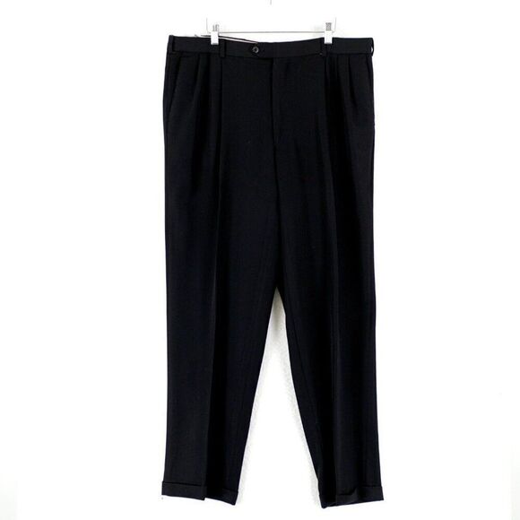 Pronto‎ Uomo Worsted Wool Black Pleated Cuffed High Rise Dress Pants 38/33 Lined - Picture 1 of 7
